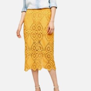 Nwot Anthropologie Maeve Mustard Gold Medallion Lace Midi Pencil Skirt